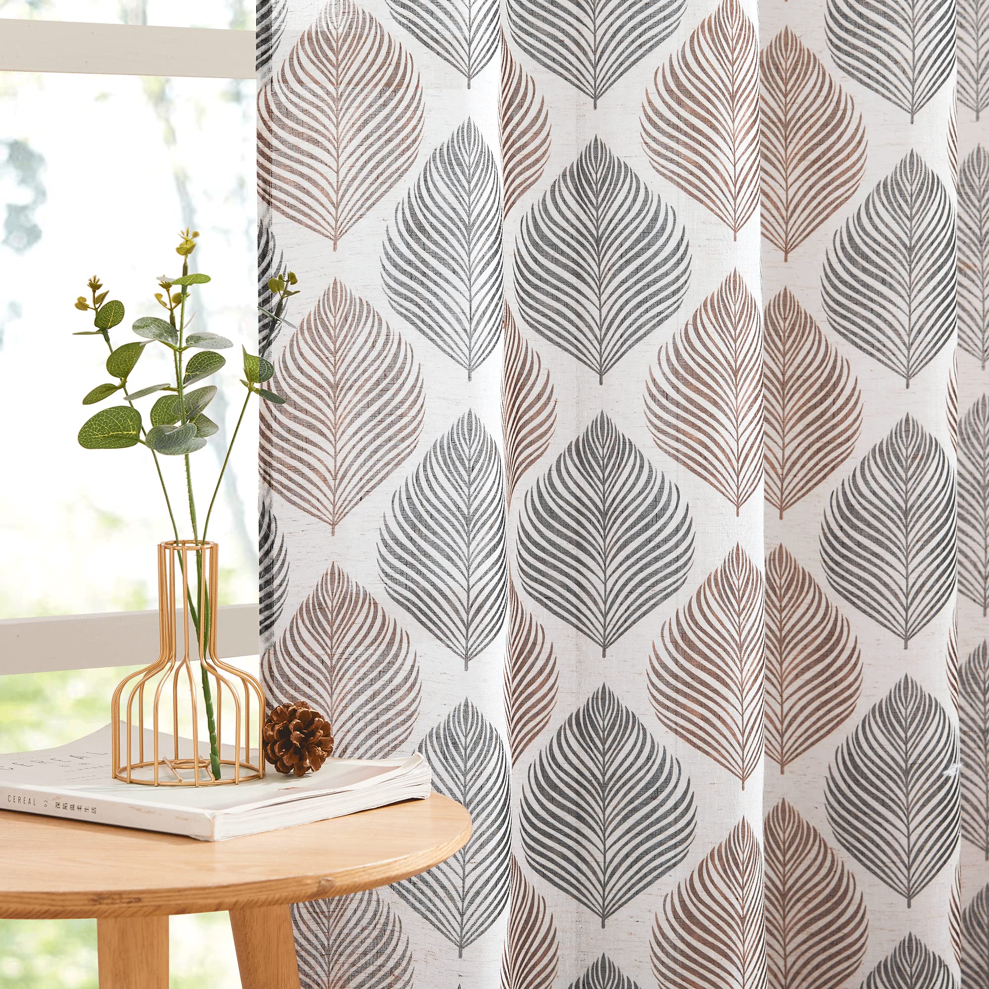 KGORGE 95 inches Linen Blend Sheer Curtains with Leaves Pattern - Grommet Farmhouse Drapes for Sliding Door Room Divider, 2 Panels, W 50 x L 95 inches, Yellow & Black Image