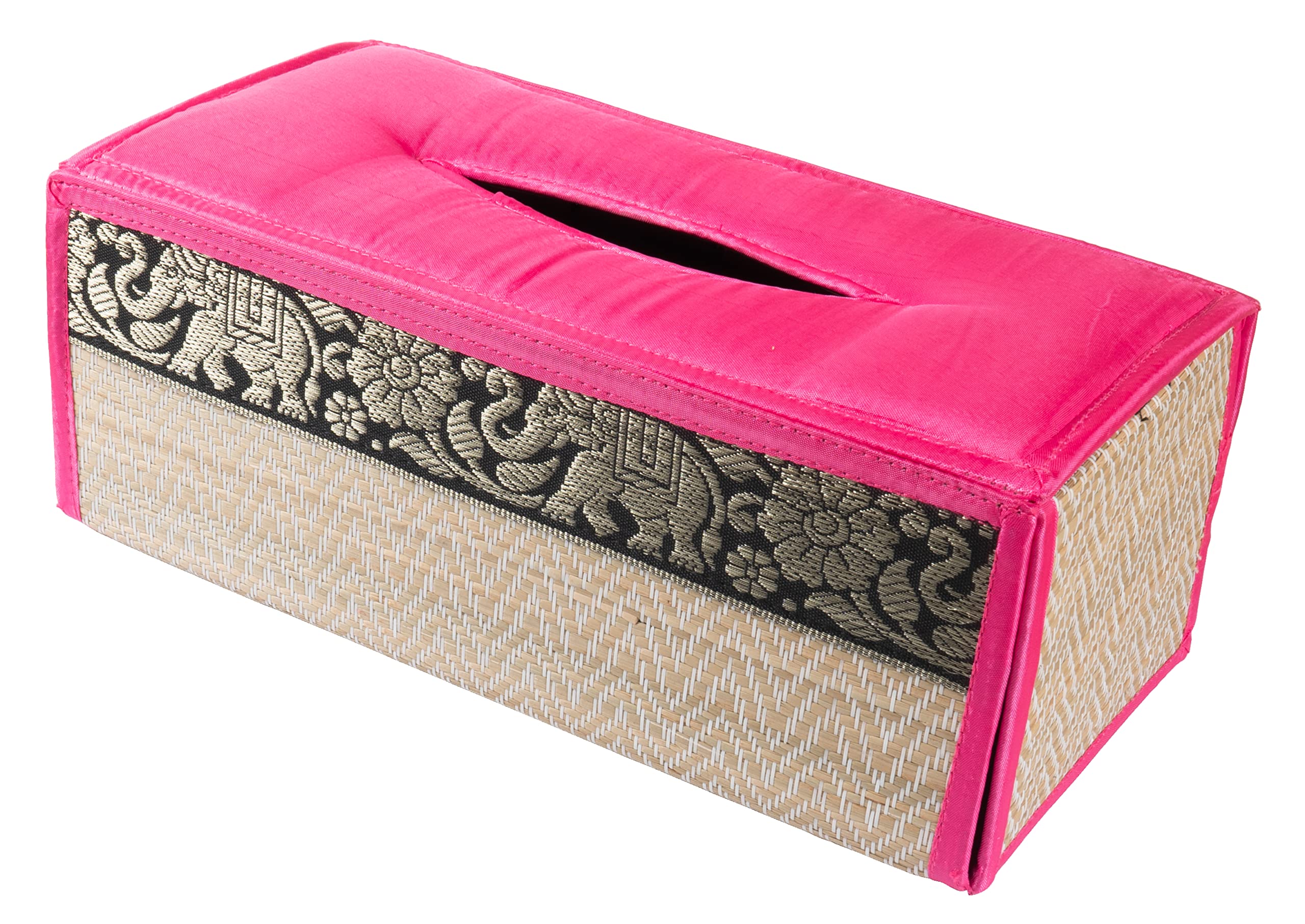 CCcollections Handmade Stylish Reed Tissue Box, 100% Cotton Handcrafted with Satin Trim Sheath Cover Holder Dispense made from Natural Eco-Friendly Materials - (Pink Fuchsia) — image 1