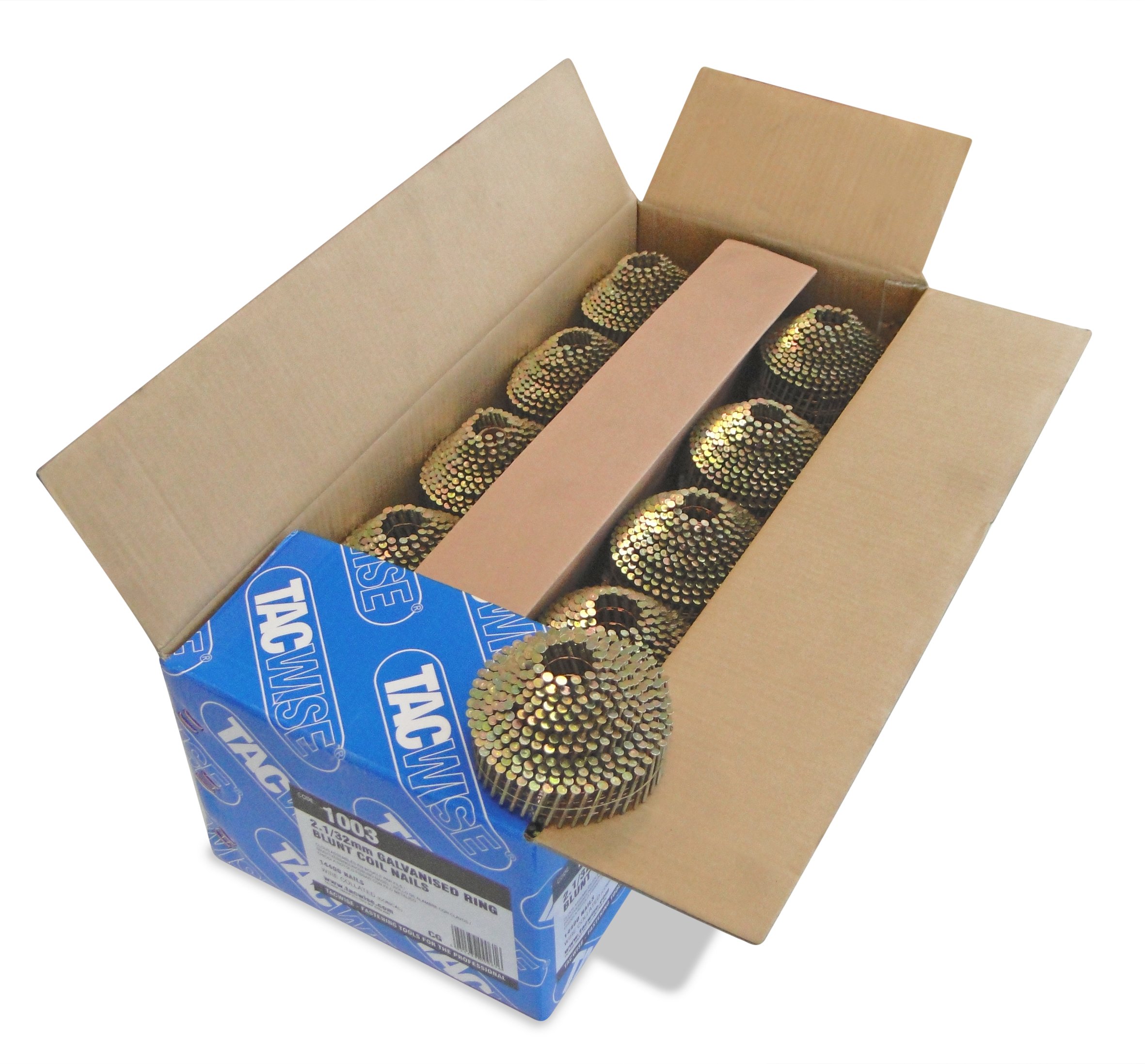 Tacwise 1003 Type 2.1 / 32 mm Galvanised Conical Top Coil Nails, Blunt Point, Ring Shank, 16° Inclined, Wire Collated, Pack of 14,400