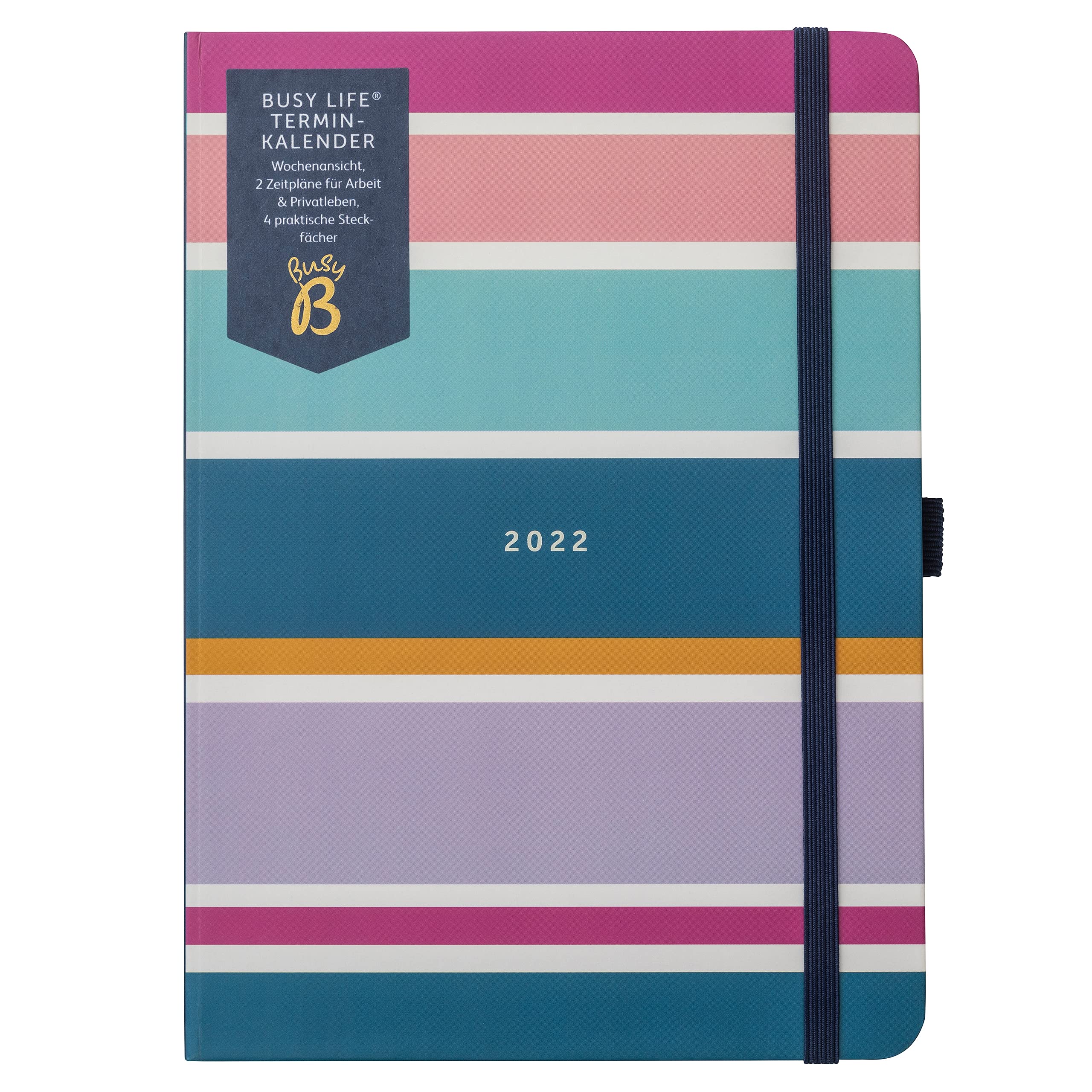 BusyB Busy Life Diary from January to December 2022 - Striped Design A5 Weekly Planner with Double Diary, Pen Holder and Pockets (German Language),3578