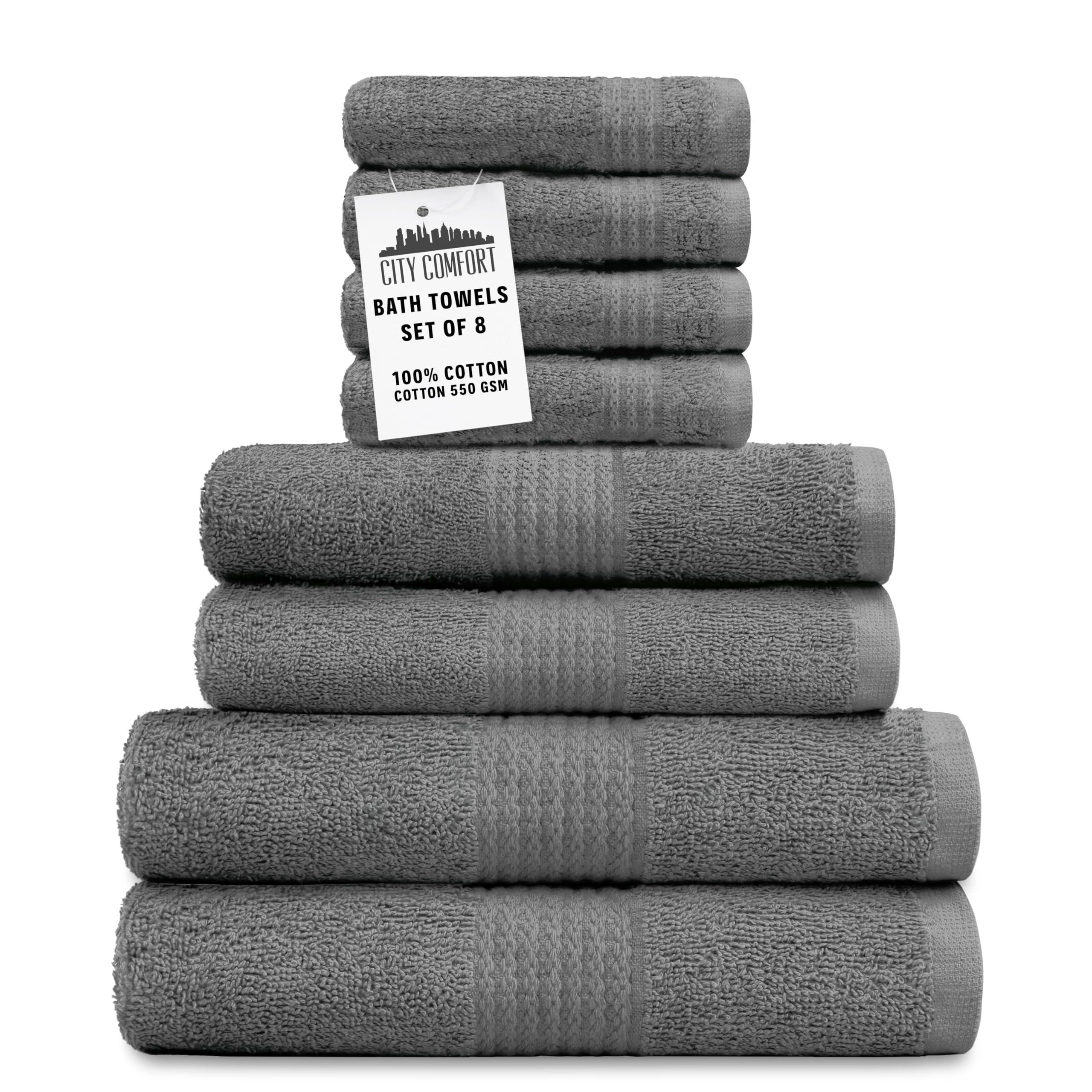 CityComfort Towel Set of 8, 100% Cotton 550GSM Highly Absorbent Quick Dry Bathroom Towels with Bath Towels, Hand Towels, Face Cloths Super Soft (Grey)