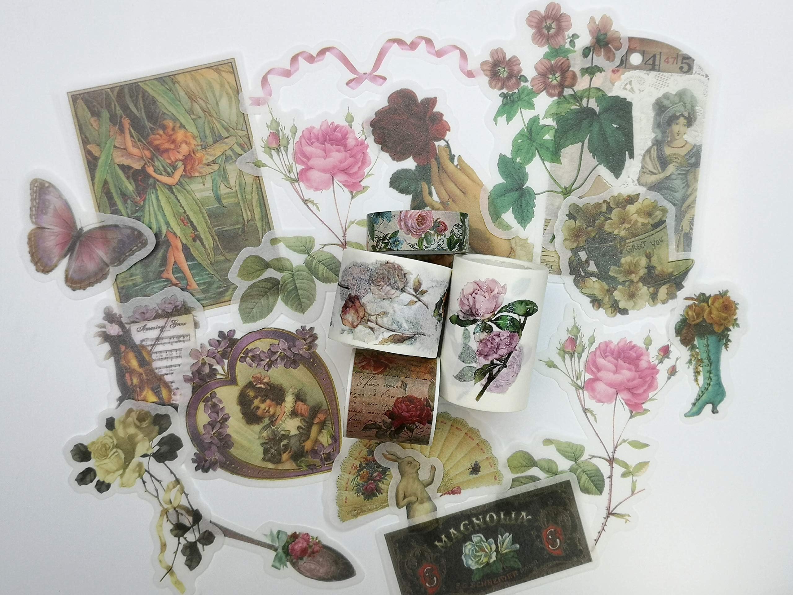 Vintage Victorian Ladies Washi Tape & Sticker Set, 4 Washi Tapes and 18 Washi Stickers, Versatile Crafting Supplies, Floral Washi Tape, 5 Meters (197 Inches) Long