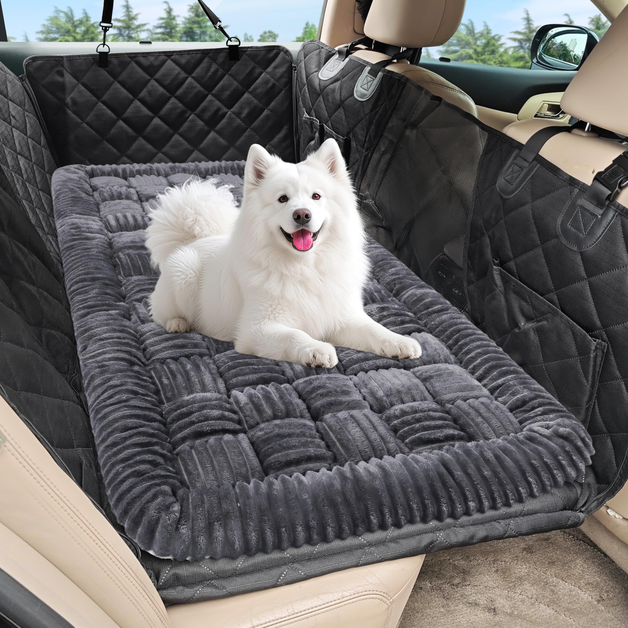Photo 1 of Dog Car Bed Mat, Non-Slip Backseat Extender Pet Blanket, Plaid Dog Bed for SUVs, Sedans & Trucks, Chew-Resistant Travel Pad for Dogs, Easy Clean & Scratch-Proof & Comfort (50"×24.6") Gray