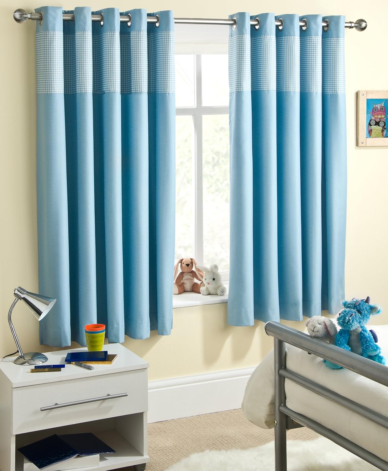Powder Blue Gingham Baby Bedroom Curtains Blackout Thermal 66 X