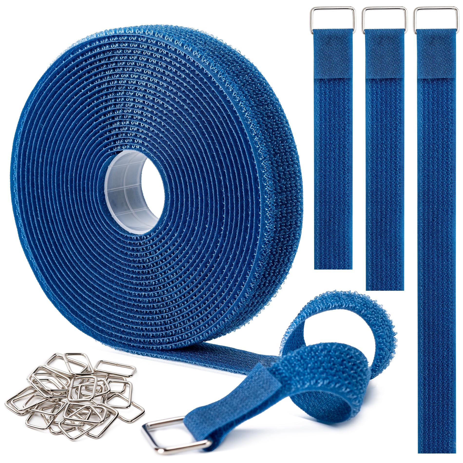 Photo 1 of 1" x16Ft Hook and Loop Straps and Cinch Straps with 25 Metal Buckles, Adjustable Fastening Cable Straps, Free Cut Length, Reusable Nylon Cable Ties for Organizer or Storage, Blue