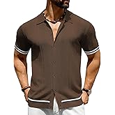 URRU Men's Knit Short Sleeve Shirts Button Down Vintage Knitted Polo Shirt Casual Summer Beach Vacation Textured Shirt