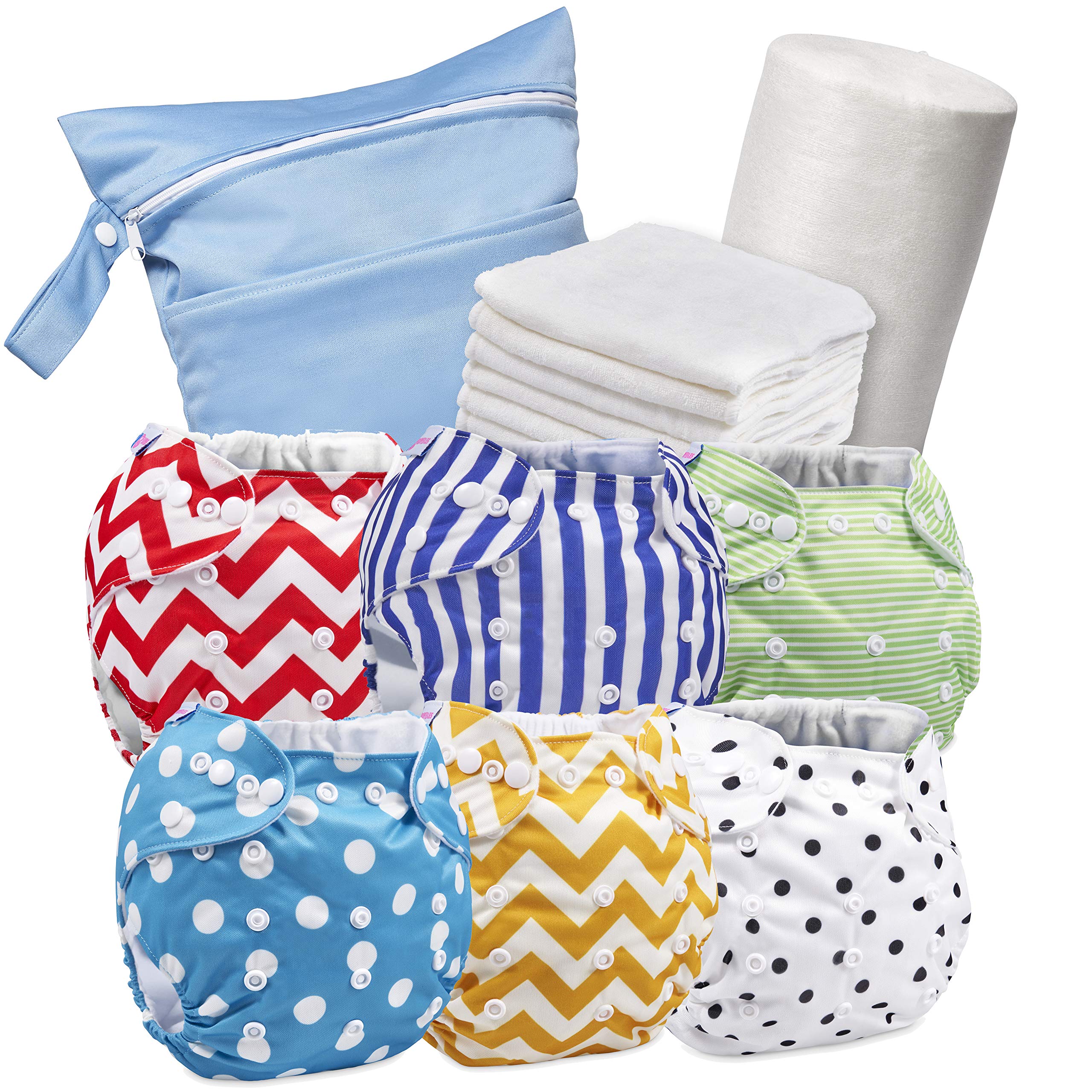 Reusable Nappies - Eco Friendly and Chemical Free Cloth Nappies - Includes 6 Washable Baby Diapers, 6 Bamboo Nappy Inserts, 1 Roll of Biodegradable Nappy Liner, Wet Bag