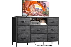 EnHomee Black Dresser with Power Outlets, 8 Drawers Dresser TV Stand for 55''TV for Bedroom Dresser Fabric Dressers & Chest of Drawers, Sturdy Dresser for Closet Living Room,Hallway