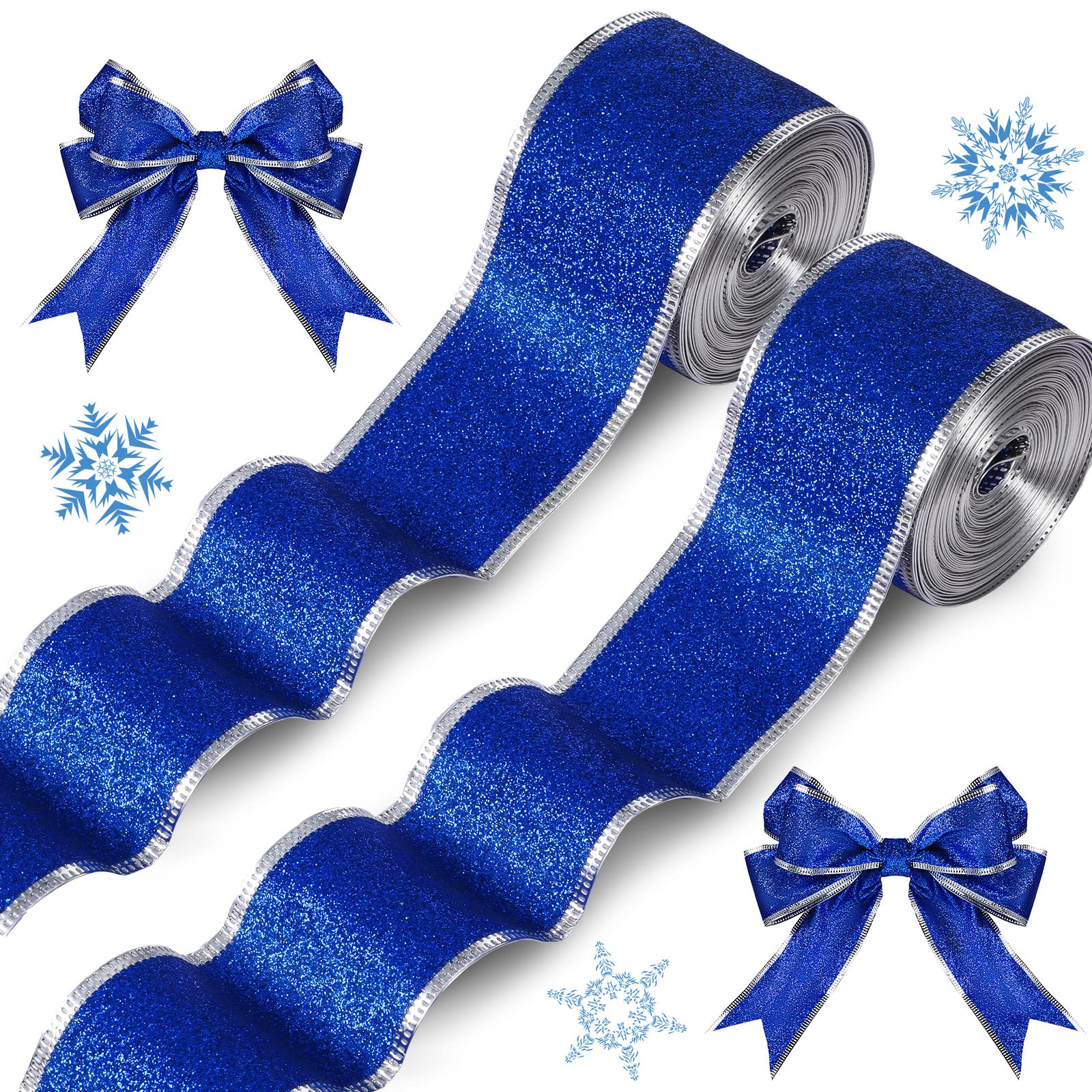 Photo 1 of 2 Rolls 20 Yards Christmas Wired Blue Glitter Ribbon Metallic Wired Ribbon Craft Gift Wrapping for DIY Xmas Party Bows Decorations Supplies(2 Inches,Blue)