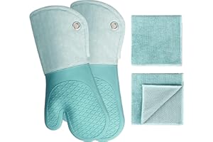 RED LMLDETA Professional Microwave Silicone Oven Mitts Yarn-Dyed 1 Pair and Kitchen Towels 2 Pcs, Kitchen Lines Set for Heat Resistant with 500 Degrees, Kitchen Gloves Pot Holder for BBQ Cooking (Light Blue)