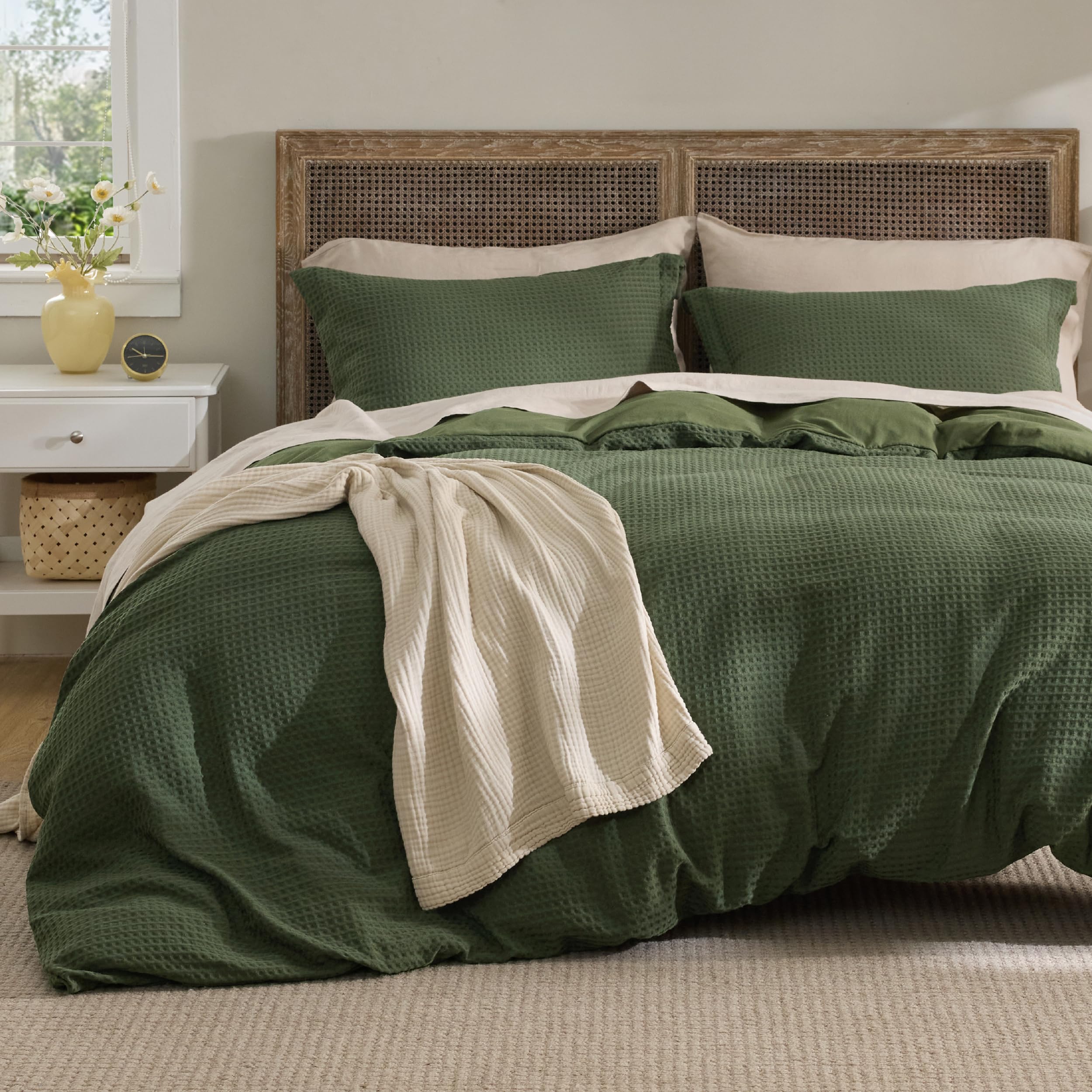 Photo 1 of Bedsure Luxury Waffle Duvet Cover Queen Size - Textured Duvet Cover Set, Soft, Breathable Bedding Set (90"x90") with 2 Pillow Shams for All Season, Olive Green, Comforter Not Included
