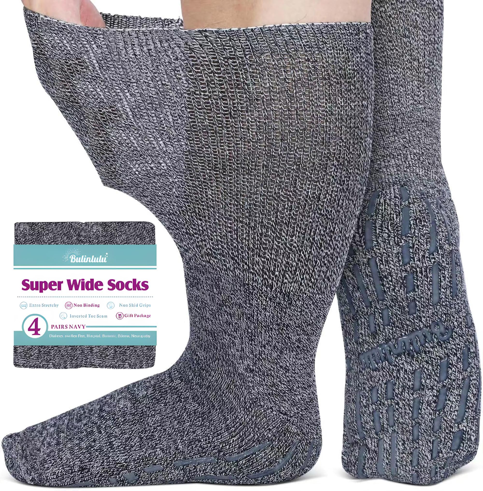 Bulinlulu Extra Width Diabetic Socks for Men-4 Pairs Hospital Grip Bariatric Lymphedema Socks for Swollen Feet 13-15 (Navy Blue) Image