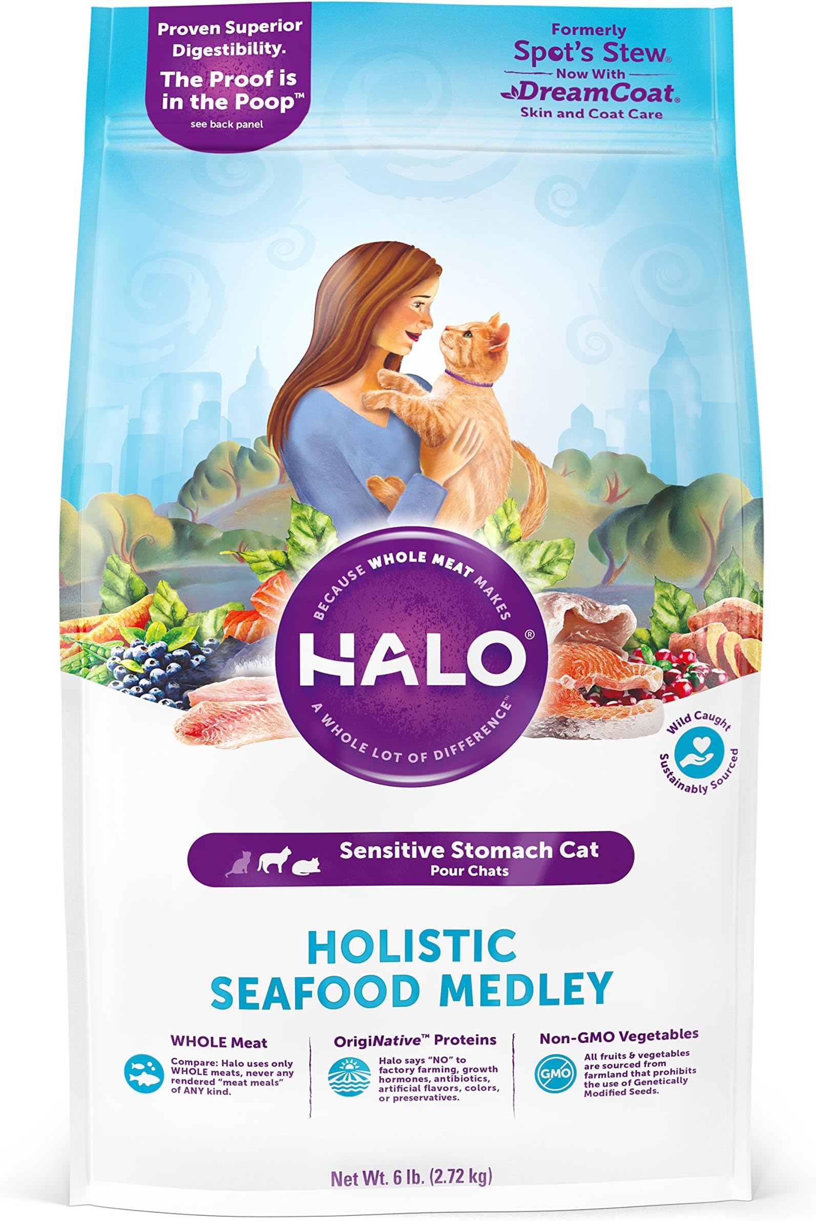 Halo Holistic Dry Cat Food for Sensitive Stomachs, Seafood Medley, 6 LB of Sensitive Stomach Cat Food