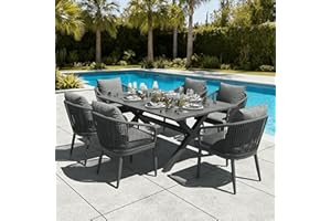 LayinSun 7 Pieces Outdoor Patio Dining Set, Aluminium Rectangular Dining Table and Wicker Rattan Chairs Set for Outside Backyard, Poolside