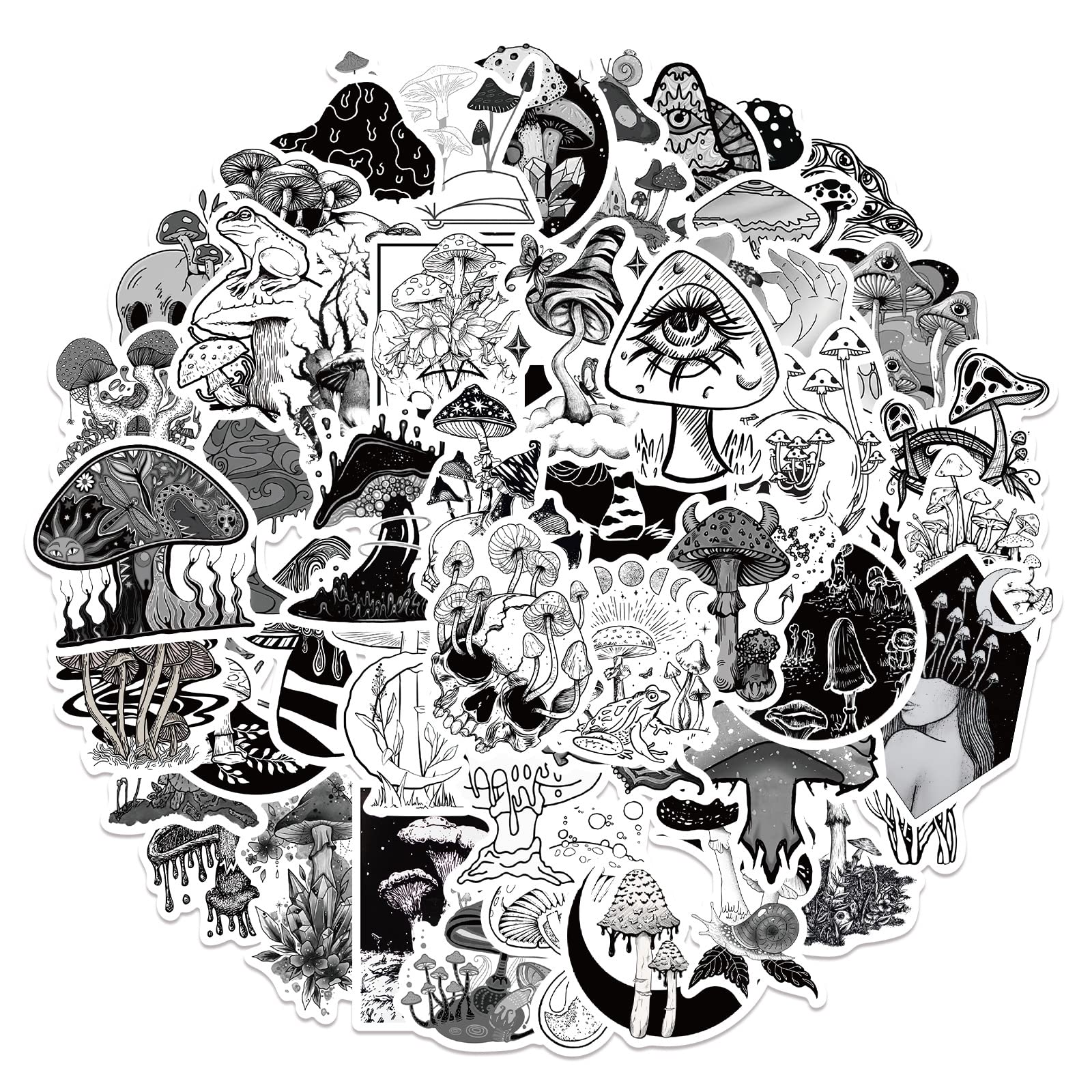50Pcs Black and White Gothic Mushrooms Stickers Laptop Scrapbook Phone Computer Skateboard Stickers Vinyl Waterproof Aesthetic Personalised Stickers for Teens Boys Girls Adults Children