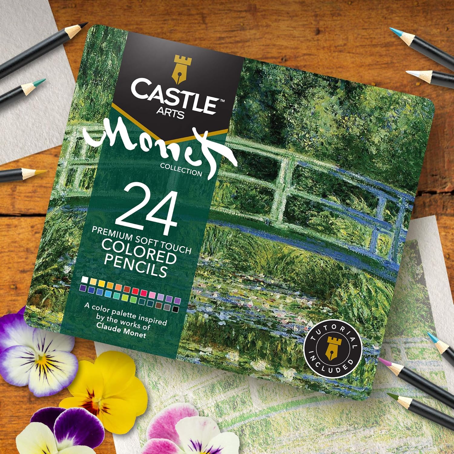 Castle Arts Themed 24 Colored Pencil Set in Tin Box, perfect ‘Monet’ inspired colors. Featuring, smooth colored cores, superior blending & layering performance achieving great results : Office Products