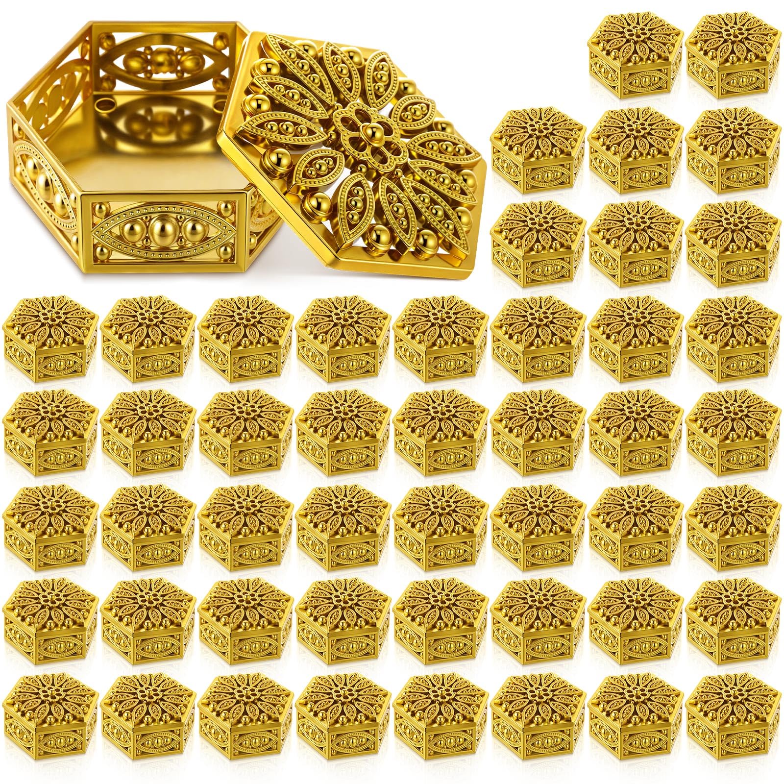 Photo 1 of Yexiya 48 Pcs Indian Return Gifts for Pooja Bulk Hollow out Hexagon Candy Boxes Decorative Candy Containers Golden Hexagon Box Storage Gift Boxes for Wedding Christmas Birthday Party Decorating