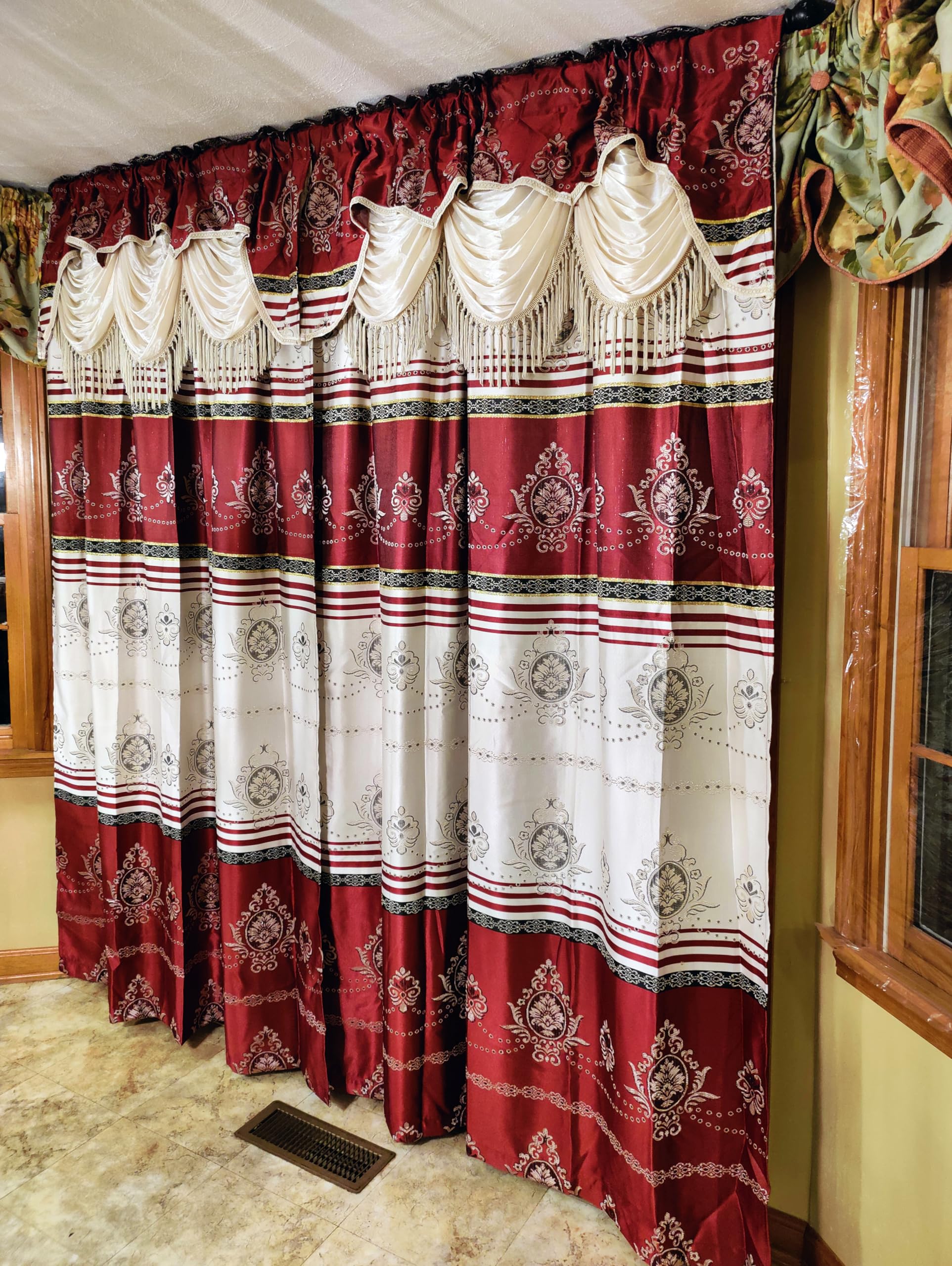 GOHD Harmony Horizon. Jacquard Window Curtain Panel Drape with Attached Fancy Valance. 2pcs Set. Each pc 54" Wide x 90" Drop with 18" Valance. (Burgundy)
