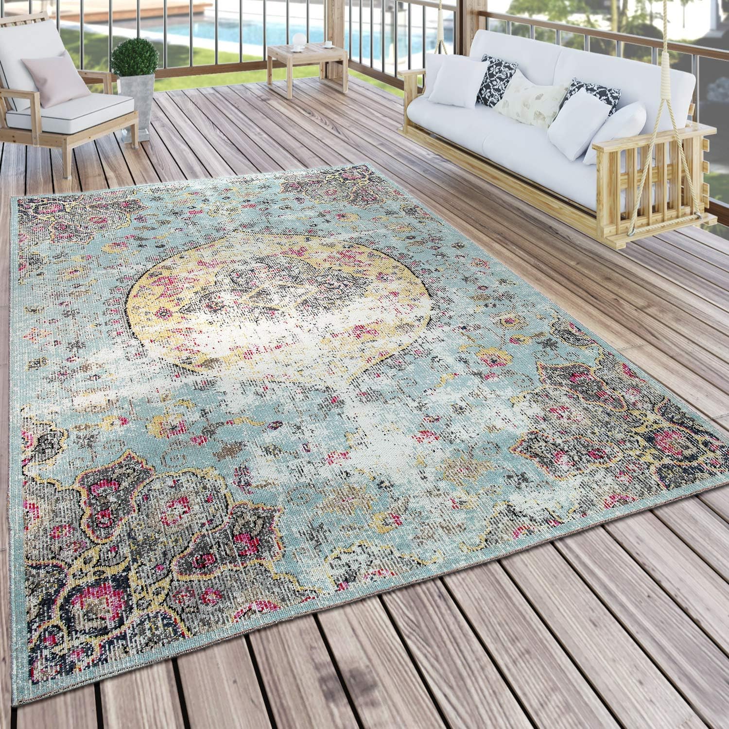 Amazon Com Paco Home Indoor Outdoor Rug Oriental Pastel Turquoise Pink Yellow Size 2 8 X 8 2 Kitchen Dining