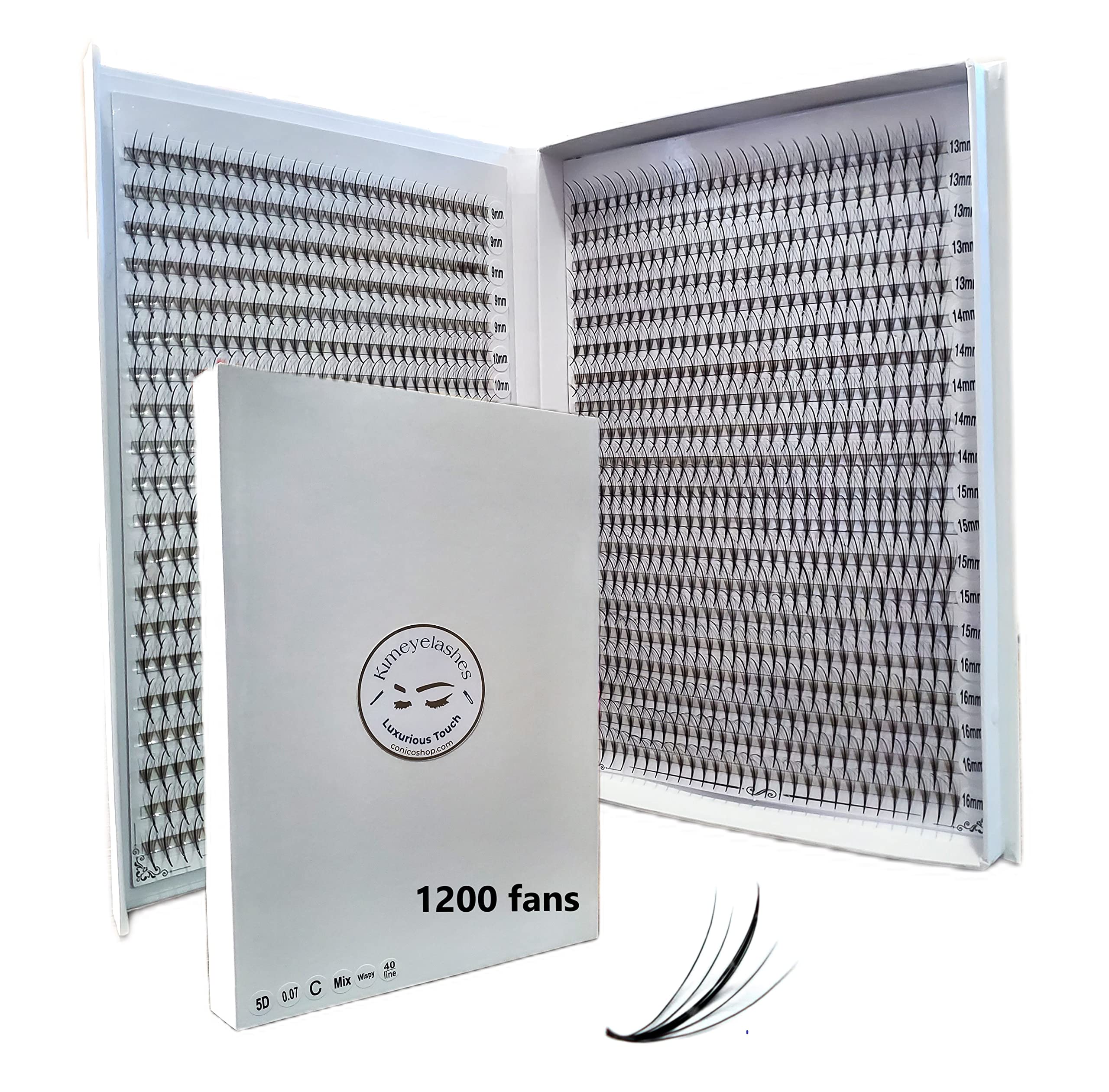 Photo 1 of 1200 Wispy Premade fans 5D 0.07 Mixed Lengths 9-16mm 1000 fans 7D 0.05 Volume loose Lashes C D Curl Handmade Fan eyelash extensions Kimeyelashes promade fan (Curl D, 5D - 0.07 - Wispy 1200f)