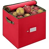 ZOBER Christmas Ornament Storage Box - Stores 64 3" Ornaments, With Dividers - Ornament Organizer Storage Box, Durable Christmas Containers Holder, Dual Zipper - Red