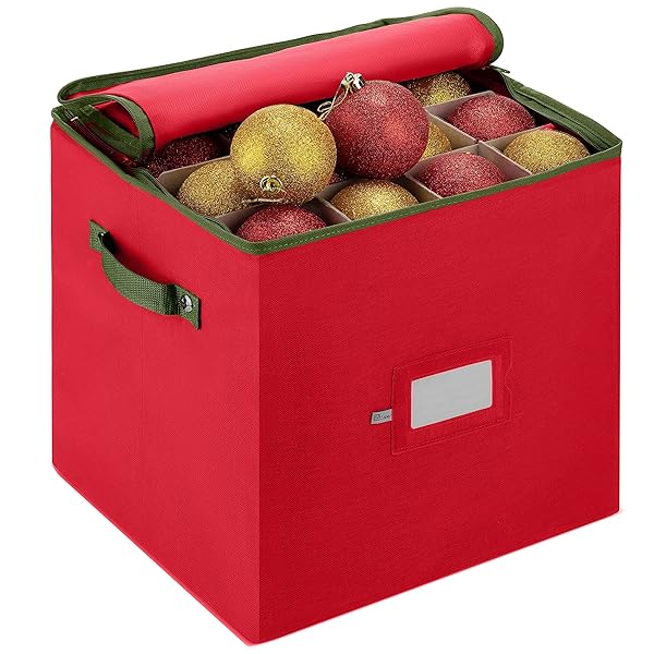 ZOBER CHRISTMAS ORNAMENT STORAGE BOX – STORES 64 3″ ORNAMENTS, WITH DIVIDERS – ORNAMENT ORGANIZER STORAGE BOX, DURABLE CHRISTMAS CONTAINERS HOLDER, DUAL ZIPPER – RED