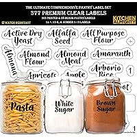 Pantry Labels: 377 Bold Cursive Gloss Clear Preprinted Water Resistant Complete Label Set to Organize Storage Containers, Jar
