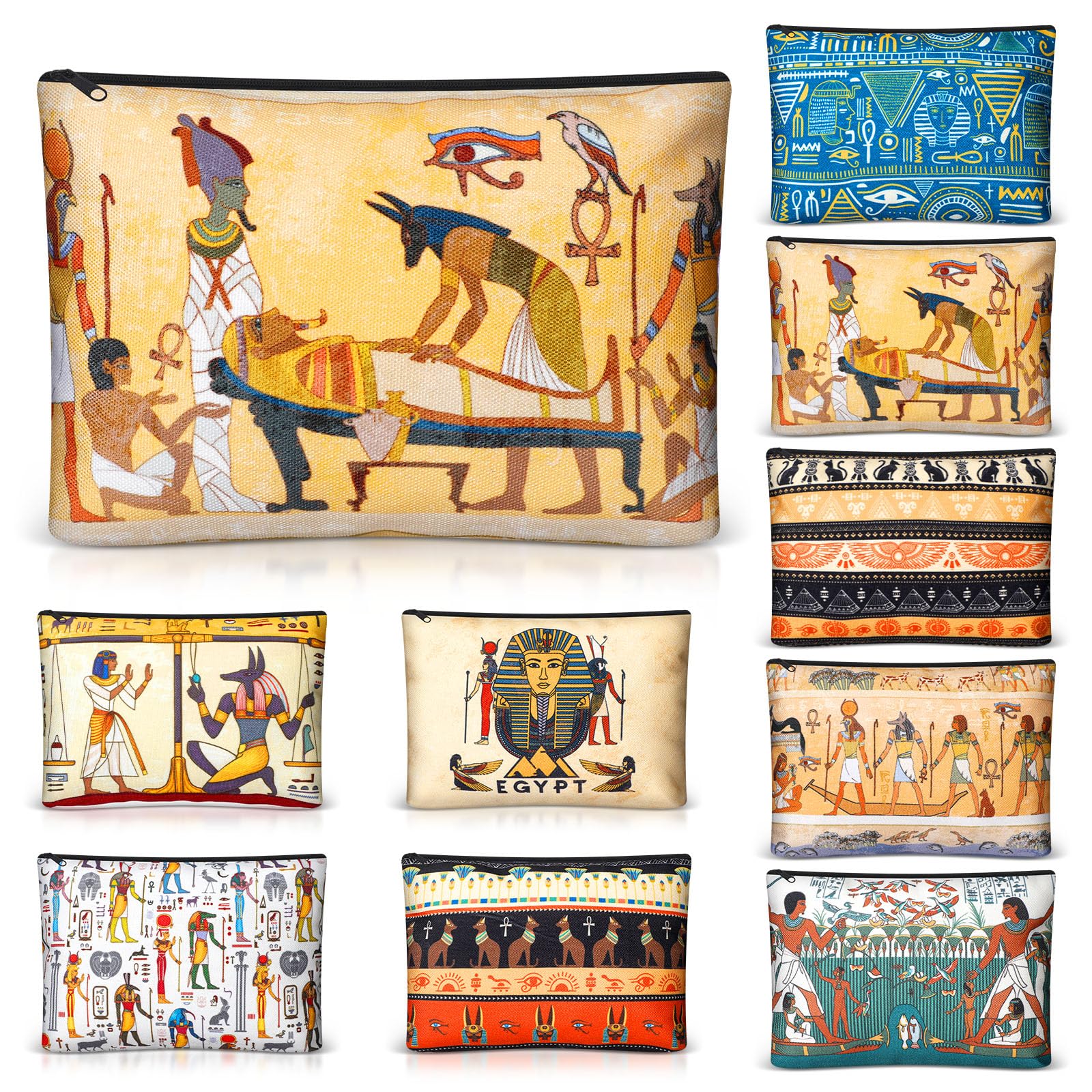 Photo 1 of Kacctyen 9 Pcs Egyptian Makeup Bags Egyptian Gifts Cosmetic Pouch Ancient Egypt Canvas Purse Mythology Pharaoh Hieroglyphs Travel Toiletry Bag Gift for Egypt Lover