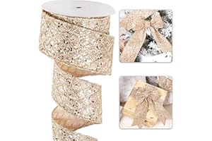 LIZLOVESS Champagne Christmas Ribbon 2.5" Glitter Mesh Wired Ribbon for Christmas Tree Champagne Gold Diamond Honeycomb Ribbon for Gift Wrapping, Crafts, Wreath, Garland, Tree Topper Bows - 10 Yards