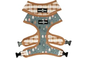 Lucy & Co. Cute Reversible Dog Harness Walking Halter - Best Designer Pet Harnesses for XS - XL Dogs - Padded Adjustable Vest for Easy Walking (Small, Neutral Brown Plaid with Blue Trees)