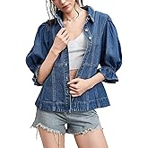 D-Sun Women Short Sleeves Denim Shirt V-Neck Puff Sleeve Button Down Jean Shirt Jacket Fashion Collared Denim Top Blouse