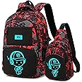 Bluboon Kids Backpack Boys Camo Bookbag Teens Elementary School Bag Daypack Travel Back Pack Middle school (Boy-red doodle 2pcs)