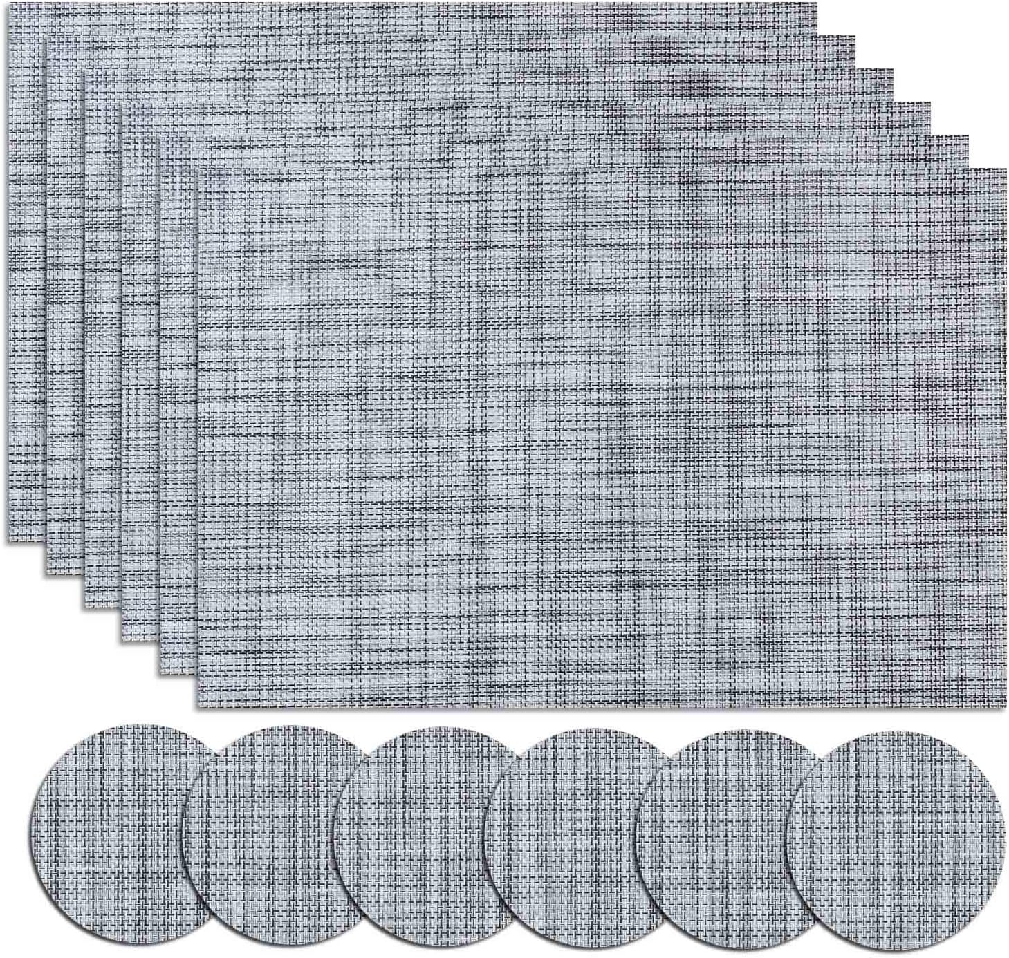 Homcomodar Placemats and Coasters set of 6 Heat Resistance Durable PVC Table Mats for Dining Tables(Grey)