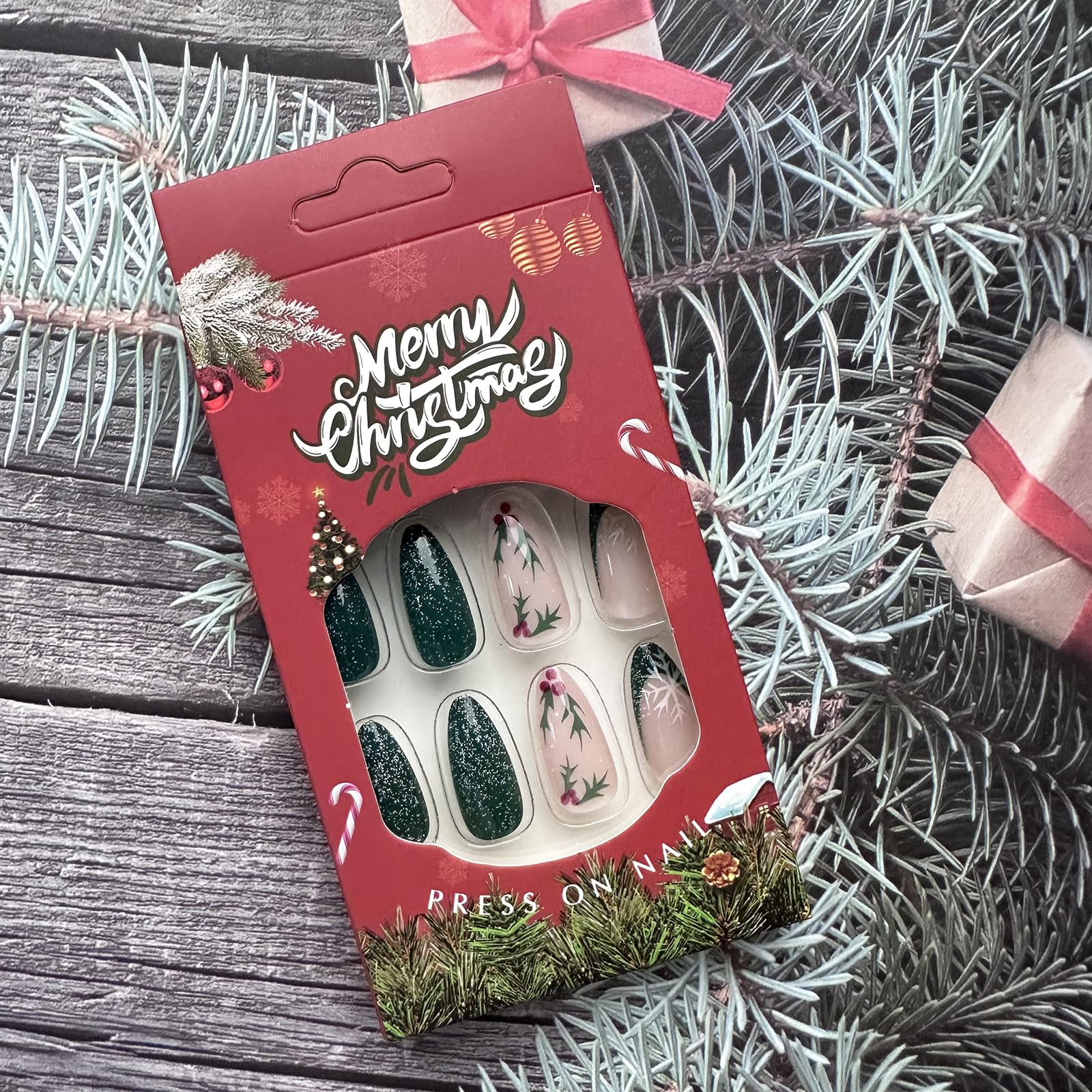 Christmas Press on Nails Almond Green Glitter Fake Nails Medium French Tip False Nails with Snowflake Designs Acrylic Nails Xmas Glue on Nails Glossy Medium Artificial Nails Stick on Nails for Women - Image 7