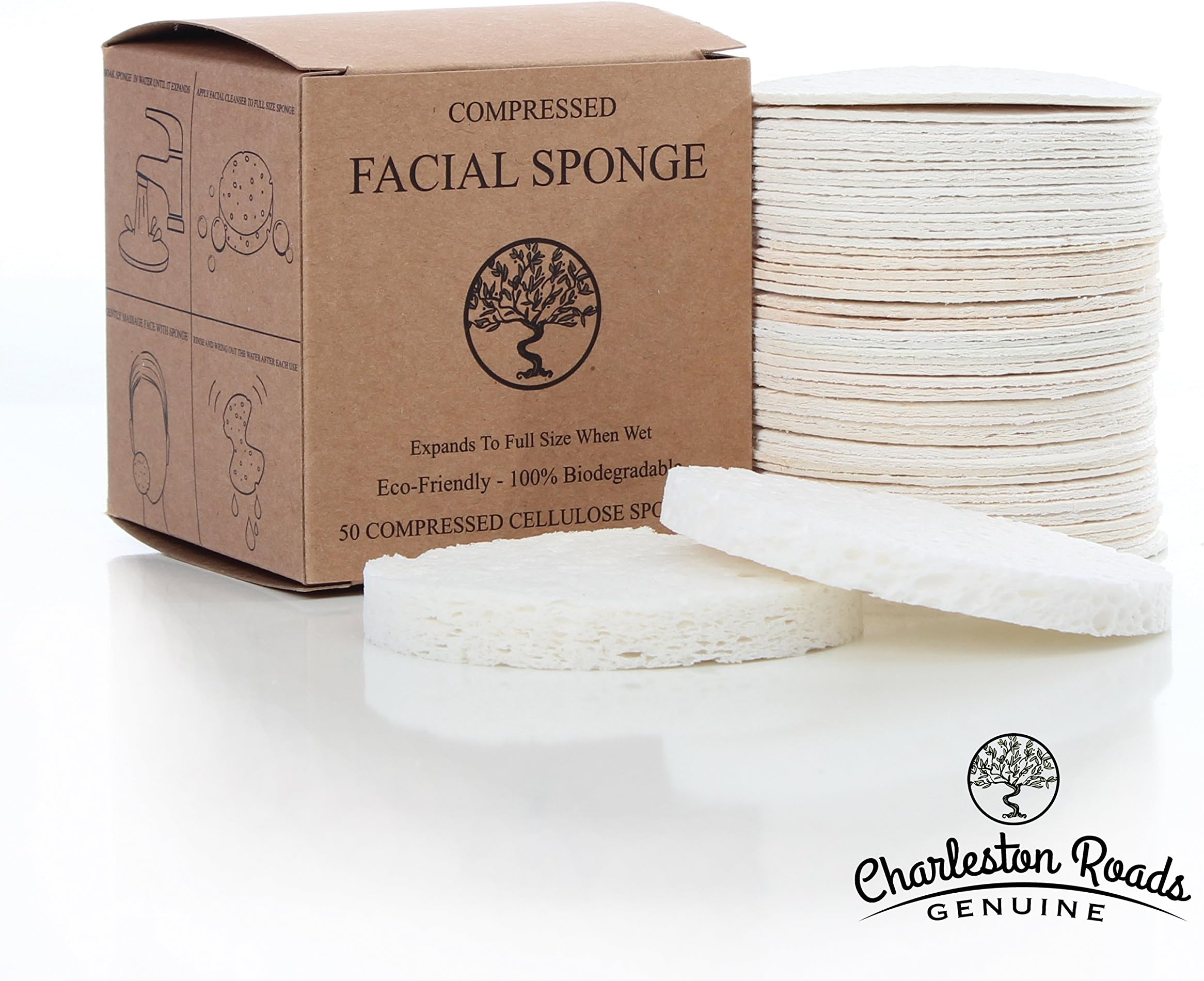 Face Sponges - Compressed Cellulose Facial Sponges - Cosmetic Sponges for Facial Cleansing - 100% Natural & Biodegradable (50 Count/White) - Charleston Roads