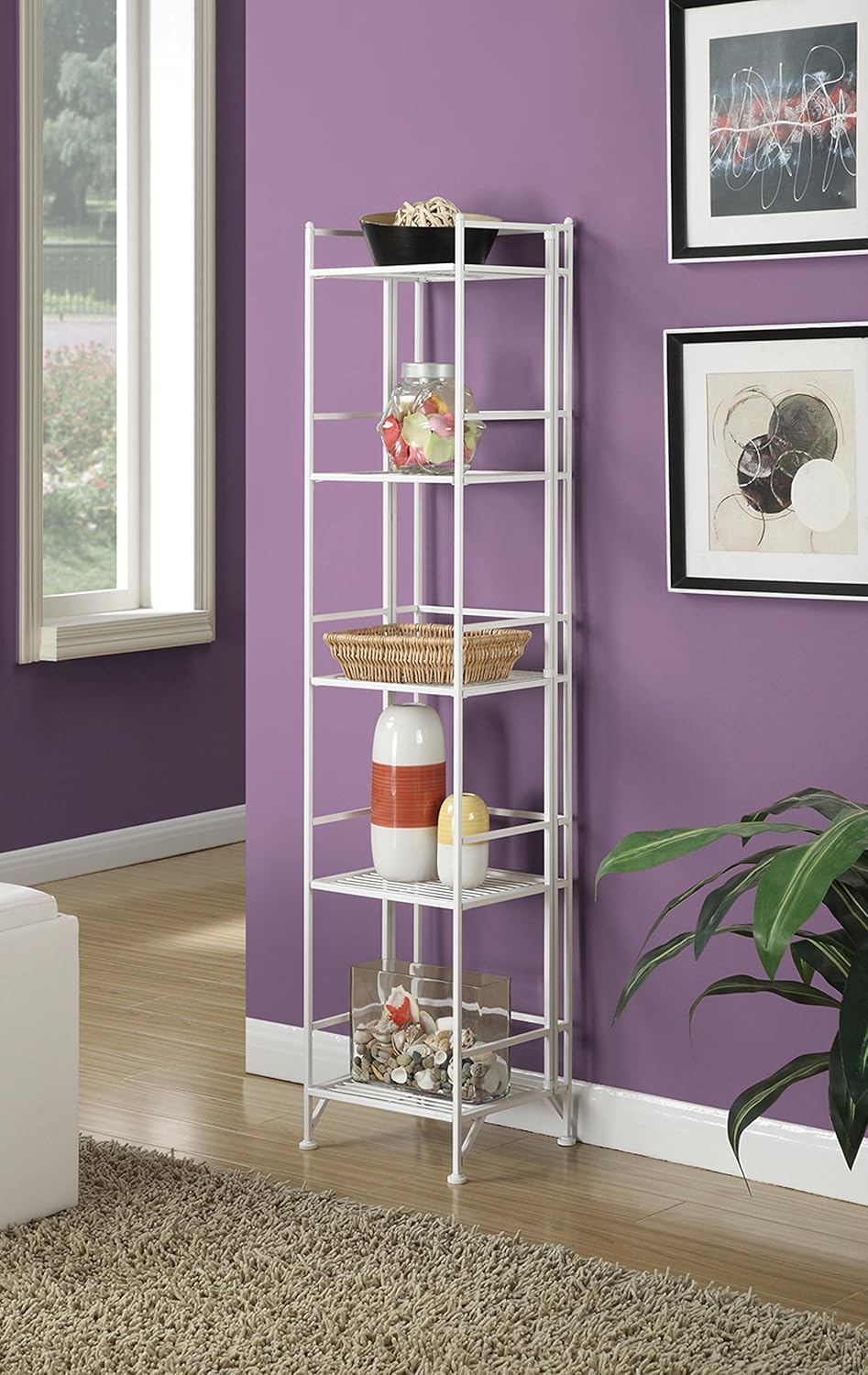 Convenience Concepts Xtra Storage 5 Tier Folding Metal Shelf, White: Furniture & Decor