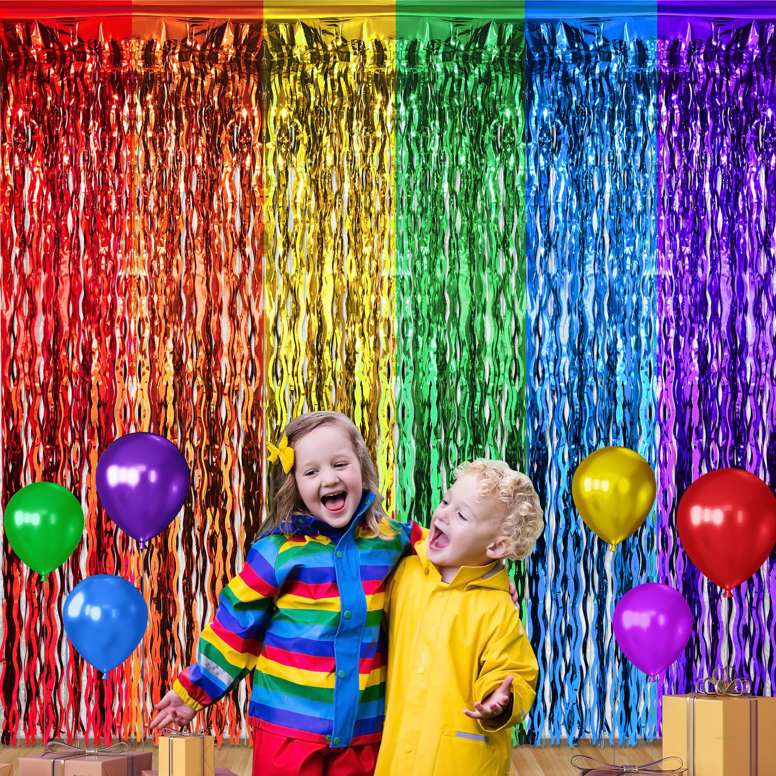 Photo 1 of 4 Pack 3.3X6.6Ft Rainbow Wavy Foil Fringe Curtains Backdrop Decorations, Rainbow Metallic Tinsel Foil Streamers Photo Booth Background for Birthday Wedding Engagement Pride Party Decorations