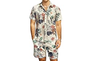 JOGAL Men's Flower Casual Button Down Short Sleeve Hawaiian Shirt Suits