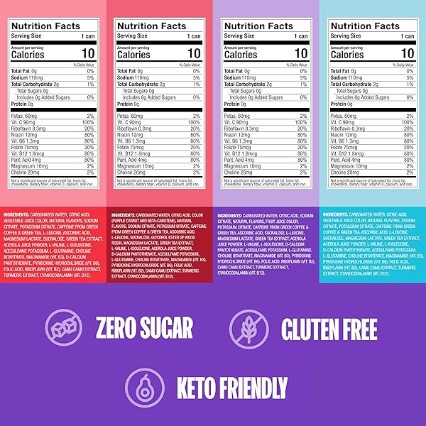 ZOA ZERO SUGAR ENERGY DRINKS WITH ELECTROLYTES, VITAMIN C, AMINO ACIDS, B-VITAMINS, MADE WITH GREEN TEA CAFFEINE, SUGAR-FREE VARIETY PACK- FOUR FLAVORS, 12 FL OZ CANS (12-PACK)