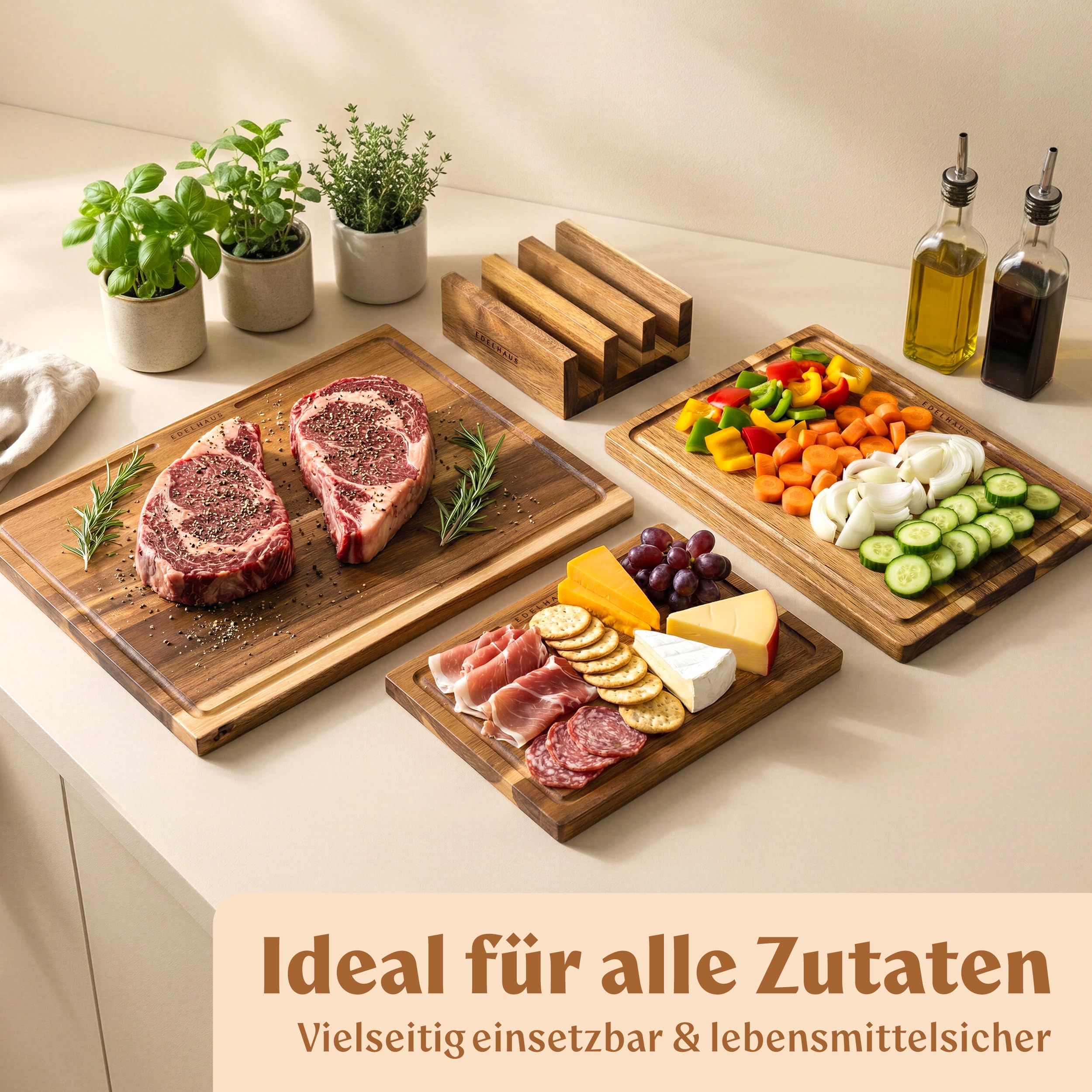 EDELHAUS Schneidebrett Holz 3er Set (40x30cm / 33x24cm / 26x18cm) Holzschneidebrett aus Massiver Akazie - 2cm dicke Holzbretter Küche mit Saftrille - Design Cutting Board Schneidbrett Set 4