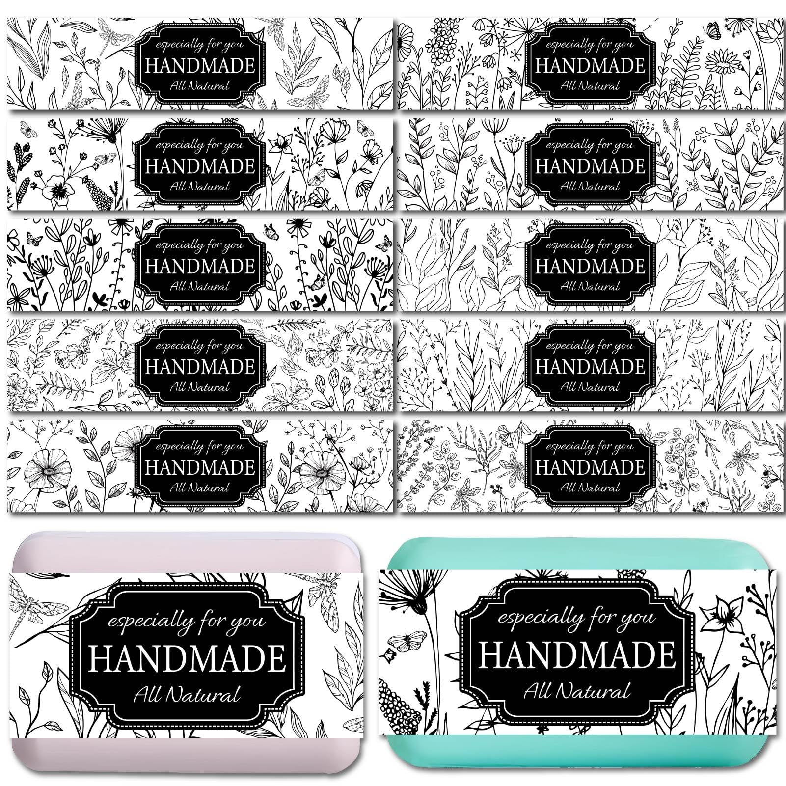 CREATCABIN 100 Pcs Flower Soap Wrapper 10 Styles Line Drawing Plants Soap Wrap Tape Vertical Soap Tag Sleeves Covers with Tectorial Membrane for Handmade Soap Bar Packaging Supplies 1.9x8.2 Inch