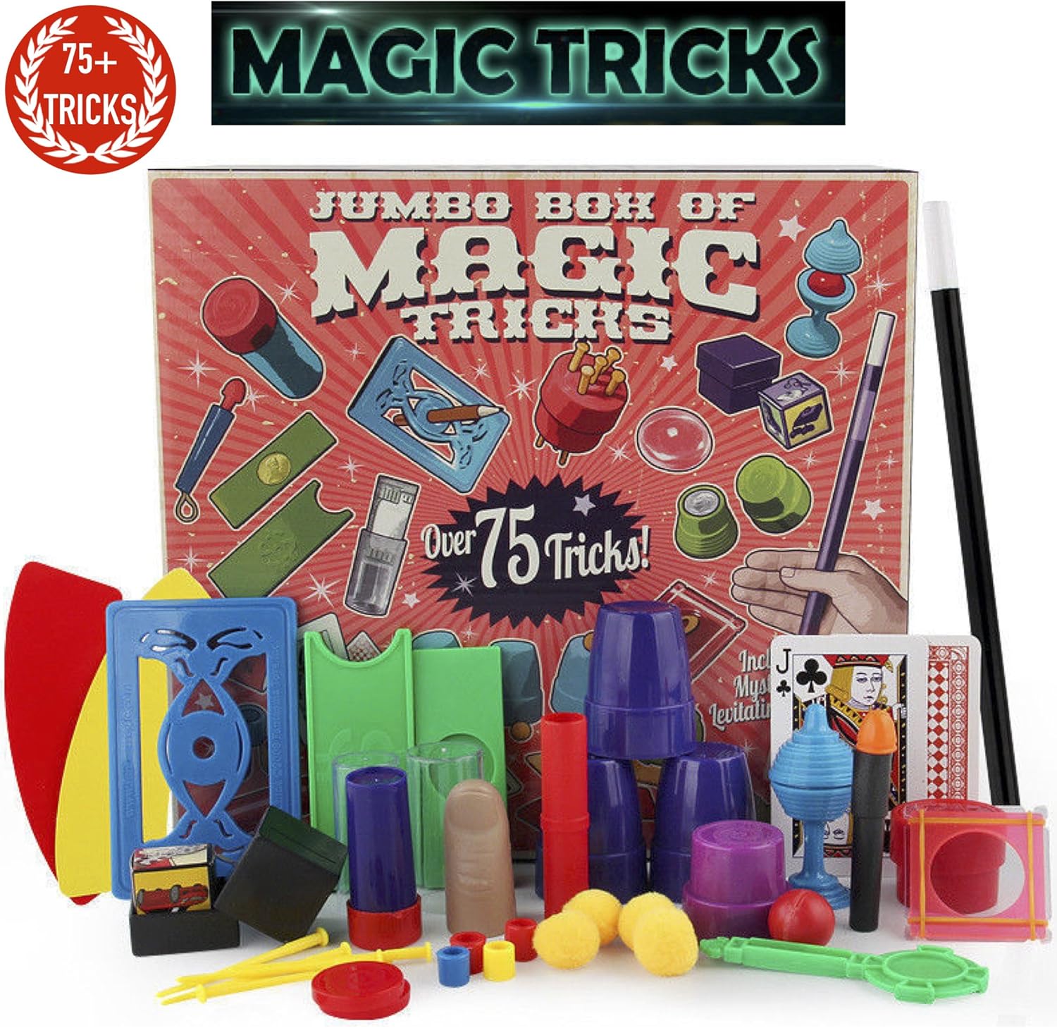 Jumbo BOX OF MAGIC 75 Trick Set Show Wand Card Learn Beginner Kit Kids