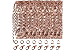TecUnite 33 Feet Antique Red Copper Chain Link Necklace with 30 Pieces Jump Rings and 20 Pieces Clasps for DIY Jewelry Making (1.5mm)