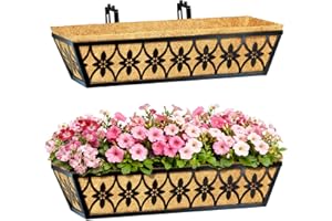 24 Inch Window Boxes Planters Railing Planter Box - 2 Pack Deck Railing Planter Boxes with Adjustable Brackets Coco Liners Ba