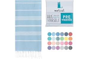WETCAT Turkish Beach Towel Oversized (38"x71") 100% Turkish Cotton, Made in Turkey - Sand Free, Extra Large, Ultra Soft, Quick Drying, Compact & Lightweight for Travel - Light Blue