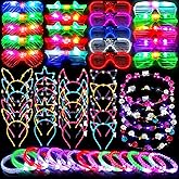 ADXCO 60 Pieces Glow in the Dark Party Supplies Neon Party Favor LED Light Up Party Favors with Flashing Glasses Flower Headband Crown Bracelets Rabbit Cat Ear Headband for Neon Party