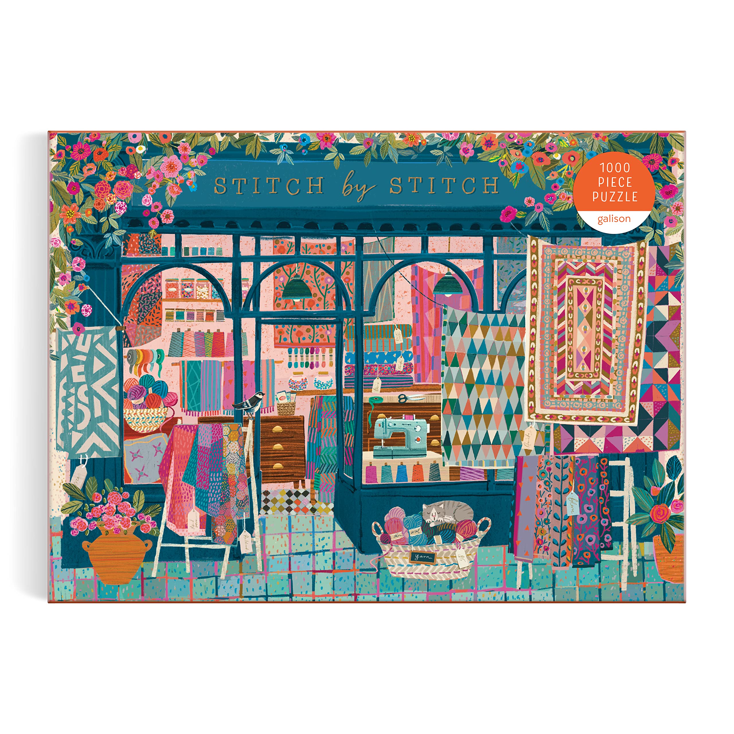 Galison Stitch by Stitch – 1000 Piece Puzzle Fun and Challenging Activity with Bright and Bold Quilting and Crafting Themed Storefront Artwork for Adults and Families