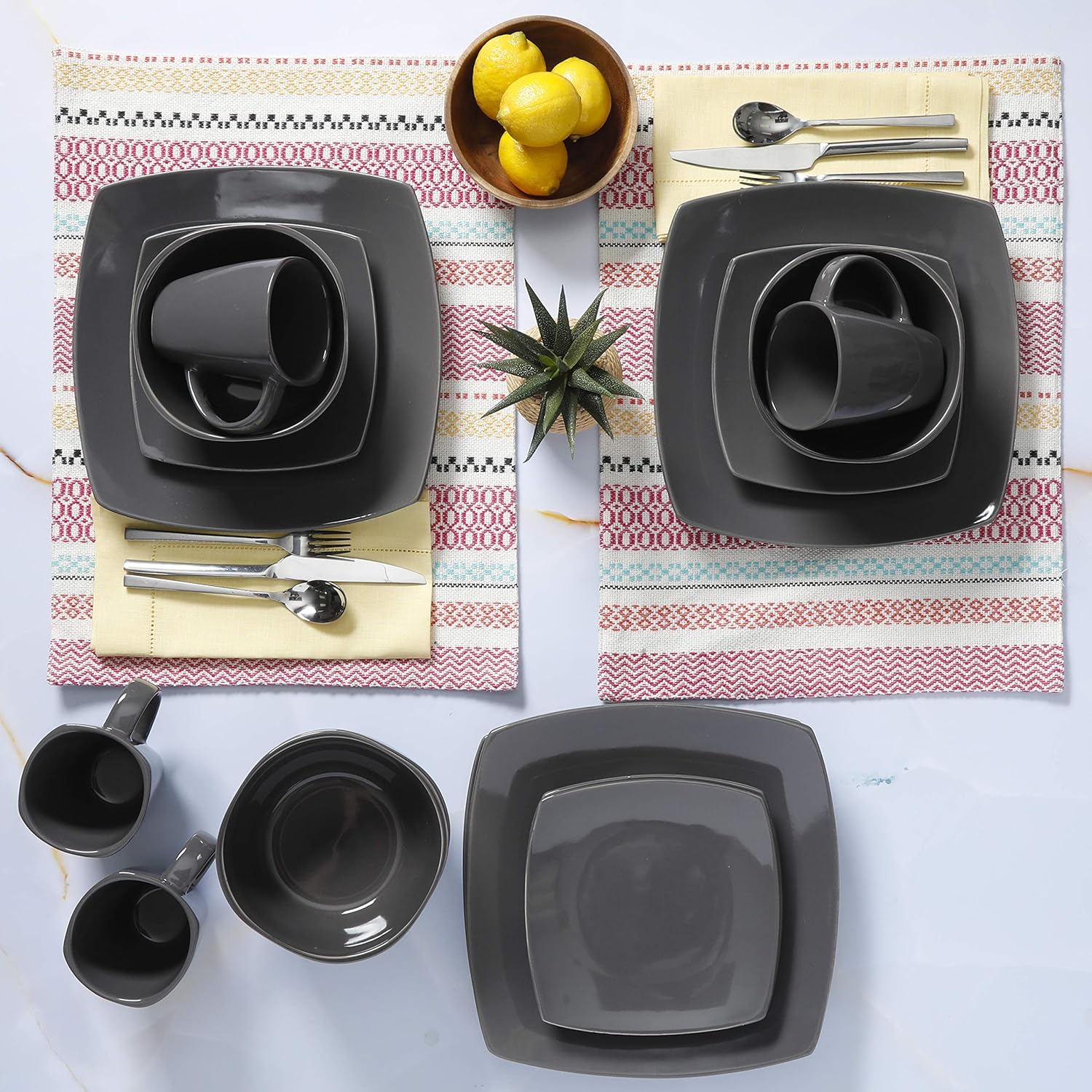 Gibson Soho Lounge 16-Piece Square Reactive Glaze Dinnerware Set, Grey - 97558.16RM: Kitchen & Dining
