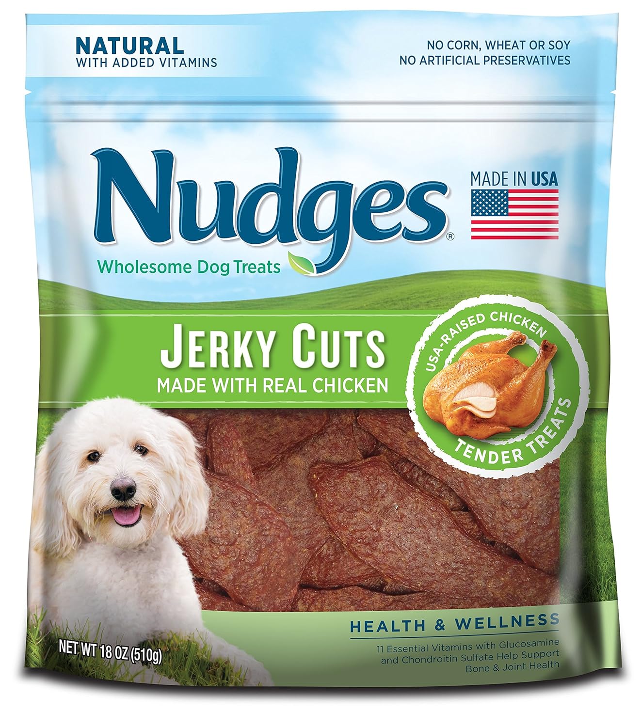 Nudges Premium Jerky Cuts Dog Treats, Chicken Health & Wellness, 18