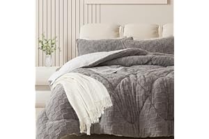 ELNIDO QUEEN® Fluffy Comforter Set Queen, Grey Winter Fleece Comforter Set Ultra Soft & Extra Pluffy Plush Comforter Set, 3 P